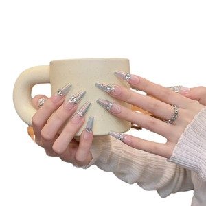 Elegant long coffin press-on nails with silver blue gradient and luxury rhinestones