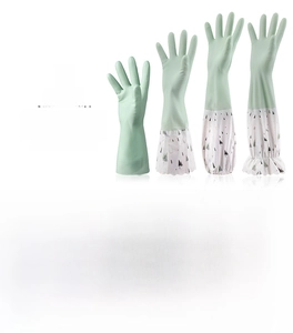 Detail of Nordic green PVC waterproof cleaning gloves with various cuff styles and patterns