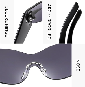 Detail view of secure hinges, arc mirror legs, and comfortable nose pads on Y2K sunglasses