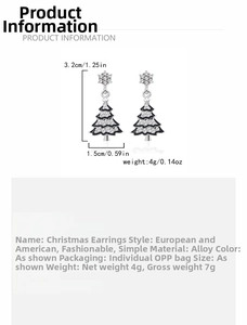 Detail view of silver alloy Christmas tree earrings with rhinestones and black enamel