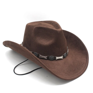 Detail of dark brown faux suede cowboy hat featuring leather band and star metal studs