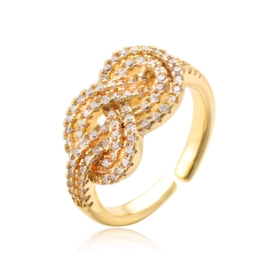 Elegant gold plated geometric knot open ring with sparkling cubic zirconia pavé stones
