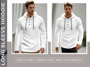 Detail view of white linen long sleeve hoodie featuring a three-button henley collar