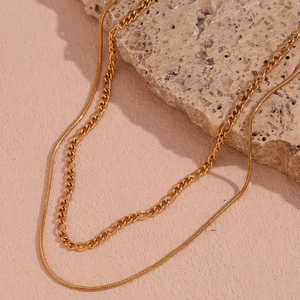 Double-layered 18K gold plated stainless steel Figaro and thin round snake chain necklace
