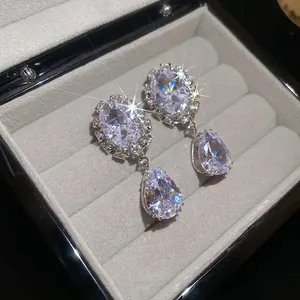 Sparkling teardrop zircon drop earrings for women in a luxury gray velvet jewelry gift box