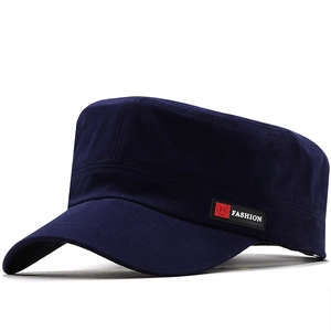 Classic navy blue flat top cadet cap with FS Fashion side patch on white background