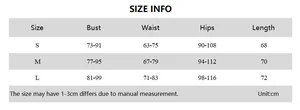 Detailed sizing chart for women's color block bodycon dress with bust and waist measurements
