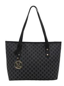 Large black tote bag with M-letter print and metallic charm on a white background