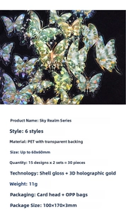 Detail view of butterfly PET stickers featuring 3D laser gold and shell light effects