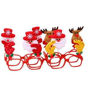 Detail of Christmas eyewear frames with snowman, Santa, and reindeer glitter designs