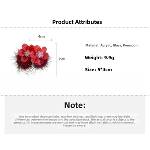 Detail of red acrylic flower earrings with plush fur balls and dimensions showing 5x4cm