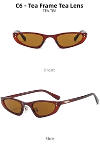 Detail view of tea-colored cat eye sunglasses showing the front and side frame design