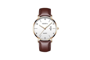 Detail view of quartz watch with brown leather strap and date display window