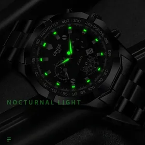 Montre ORUSS homme en acier inoxydable noir avec aiguilles lumineuses et tachymètre