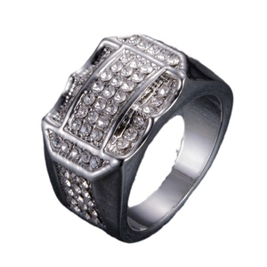 Hip hop style silver men's ring featuring a rectangle top with micro-paved rhinestones