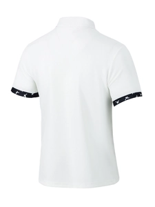 Rear view of white waffle knit polo shirt showing breathable texture and printed cuffs
