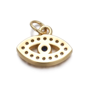 Detailed view of a golden Evil Eye pendant with dark blue stone and hollow circular edges