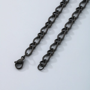 Close-up of gunmetal stainless steel curb chain featuring a secure lobster clasp