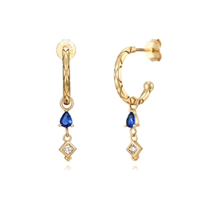 Golden S925 geometric hoop earrings with blue teardrop stone and quilted pattern texture