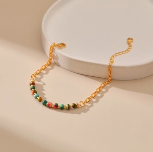Handmade 18K gold-plated chain bracelet featuring colorful natural stones and irregular beads