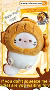 Detail of plush cat keychain with bread hood showing ultra-soft texture and cute design