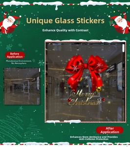Detail of red bow Christmas window sticker with gold Merry Christmas lettering on glass