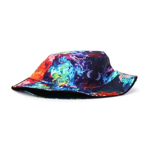 Detailed close-up of vibrant tie-dye graffiti patterns on a cotton fisherman bucket hat