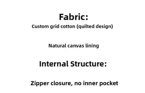 Detailed specs of quilted cotton fabric, natural canvas lining and zipper closure