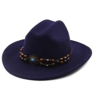 Classic dark blue wool fedora hat with bohemian wooden beads and turquoise stone accent