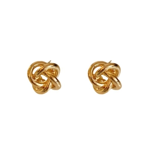 Minimalist gold twisted knot stud earrings with polished multi-layer woven metal design
