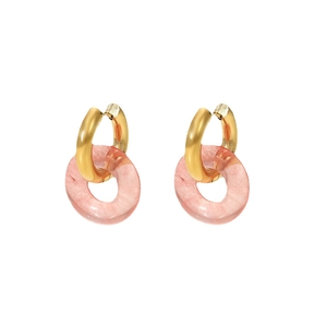 French retro 18K gold plated titanium steel hoop earrings with pink natural stone rings