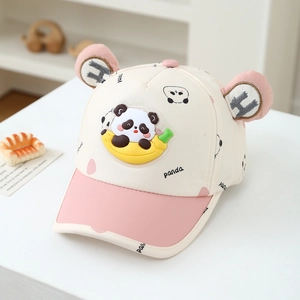 Detail of a pink and beige kids baseball cap with 3D panda ears and rubber panda patch