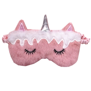 Pink plush unicorn sleep mask with silver horn and embroidered eyelashes on white background
