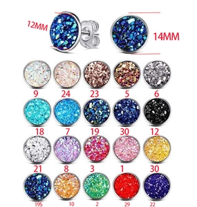 Detail view of 12mm stainless steel druzy stud earrings showing 20 colors and dimensions