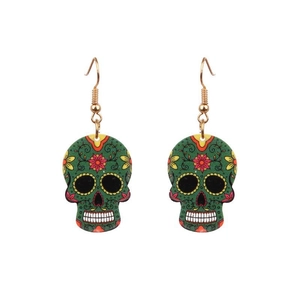 Halloween hip hop skull earrings with green acrylic and colorful floral totem patterns