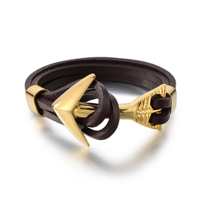 Brown braided leather anchor bracelet with golden stainless steel clasp for men