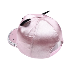 Pink satin baseball cap with black cat ears and rhinestone brim edge shown from the back