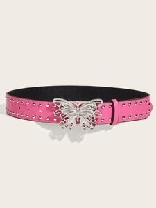 Pink leather punk belt with silver butterfly buckle and rivet details on beige background