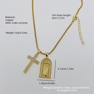 Detail of 18K gold plated cross and holy medal pendant with AAA+ cubic zirconia inlays