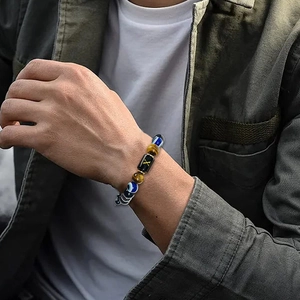 Tiger eye and evil eye beaded bracelet with gold letter X charm for men and women