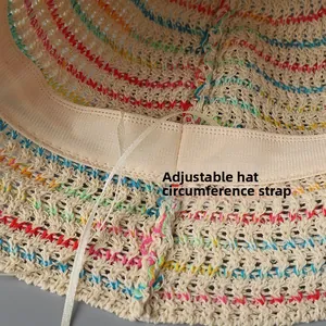 Detail view of the rainbow striped sun hat interior with adjustable size sizing drawstring