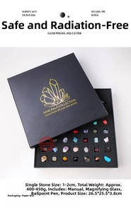 Detailed set of 24 natural mineral specimens in a premium black gift box with a magnifier