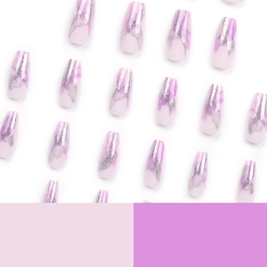 Purple marble design coffin nails with silver glitter accent on white background