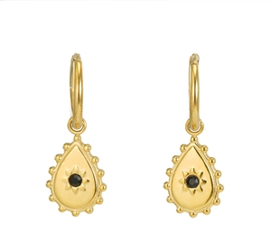 Detail of gold teardrop earrings featuring sunburst pattern and center black stone