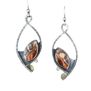 Vintage geometric orange enamel earrings with bohemian hand-crafted metal and natural stone