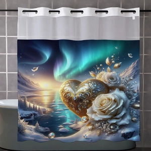 Détail du rideau de douche imperméable avec imprimé cœur doré et aurore boréale