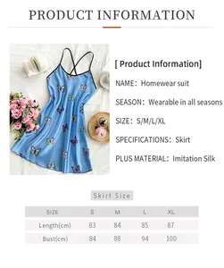 Detailed size chart for blue butterfly print imitation silk slip nightdress with measurements