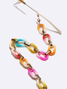 Colorful resin acrylic eyeglass chain with gold metal links and gradient rings