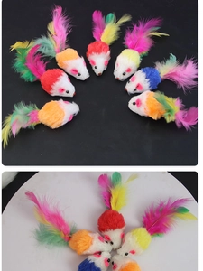 Detailed view of plush cat toy mice with colorful feather tails for interactive feline play