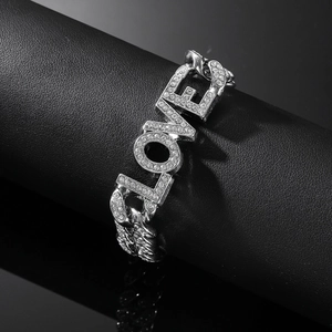 Hip hop silver Cuban chain bracelet with iced out LOVE letters on black leather stand